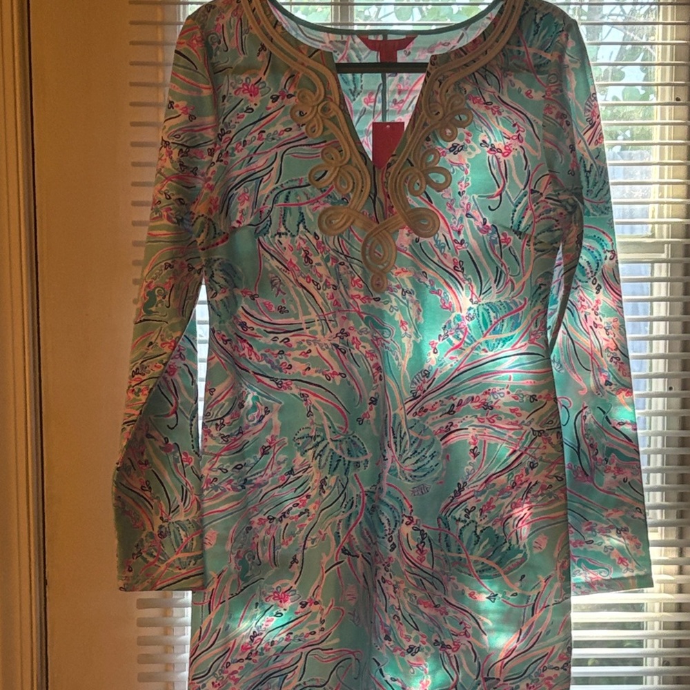 Lilly Pulitzer Aqua and Pink Long-Sleeve Embroidered Shift Dress